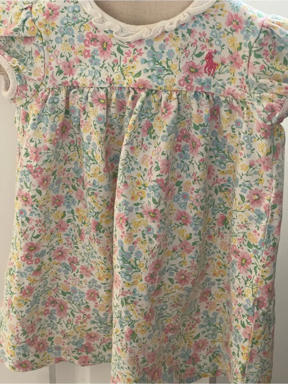 Ralph Lauren Baby Girl Floral Dress 9M Pink Blue Short Puff Sleeves Ruffles